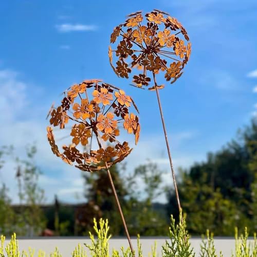 Gartendeko 2er Set Rost Deko für Garten Cortenstahl Gartenstecker Metall Blume Mohn Rostige Gartendeko Rost Rankstab Beetstecker Topfstecker Naturrost Gartenstecker Frühling (A)