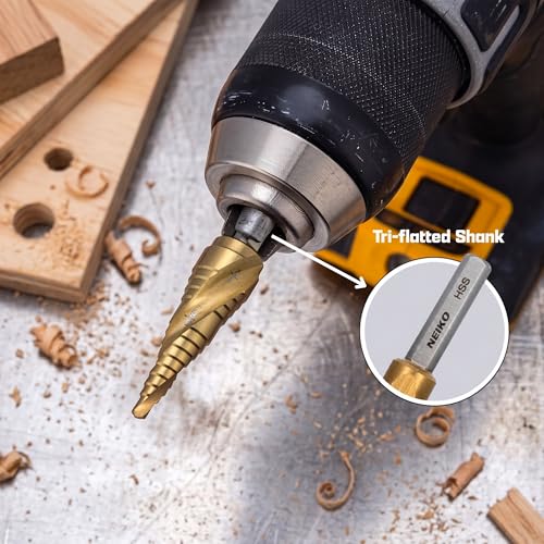Image of NEIKO 10615A Step Drill Bit, 2 Steps 3 /8 inch to 1 /2 inch Spiral High Speed Steel, Titanium Nitride Coated, 1 /4 inch Tri Flat Step Bits for Steel, Metal, Wood, Plastic, Unibit Cone Drill Bits, Two Flute
