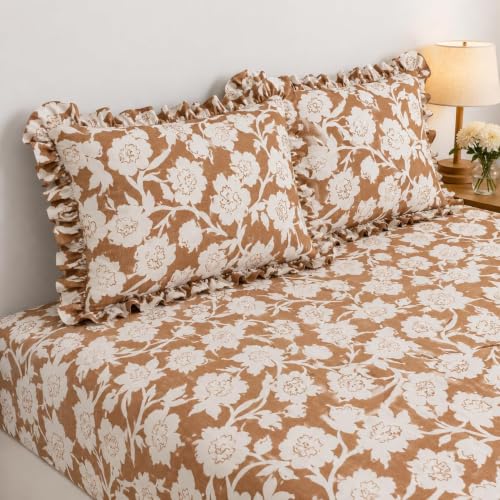Image of King Size Fitted Bedsheet for Double Bed | 300 TC Cotton Feel Microfiber | All Around Elastic with 2 Frill Pillow Covers | Soft & Durable | (BrownFloralFrill, Fitted - Double72x72)