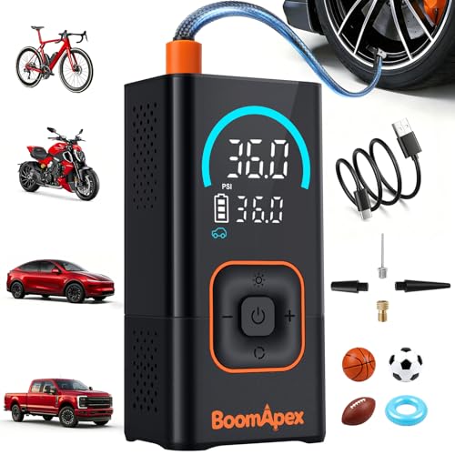 Tire Inflator Portable Air Compressor - Bike Pump with 2.88 Color Display Real-Time Inflation Progress Bar Air Pump with 0-150PSI Pressure Gauge Memory Function & LED Light Black Bike Accessories