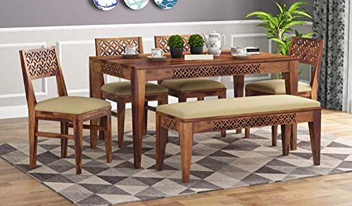 Image of Sheesham Wood 6 Seater Dining Table Set with Bench & 4 Chairs, Solid Wooden Dining Set for Home, Kitchen, Living Room, Brown