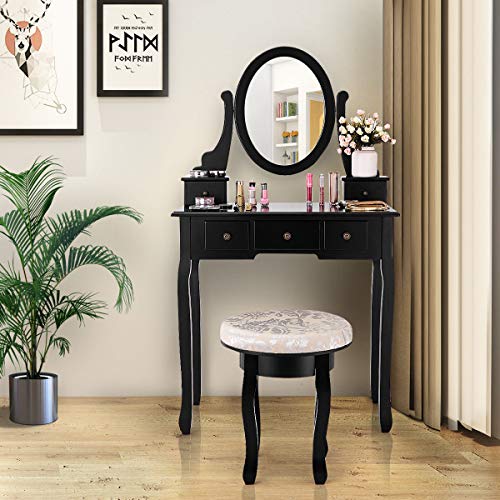 Giantex Vanity Makeup Table Set Bedroom Furniture with Cushioned Padded Stool & 5 Drawer Round 360 Degree Rotation Swivel Mirror Dressing Table Stool Wooden Vanity Set (Black with 5 Drawer)
