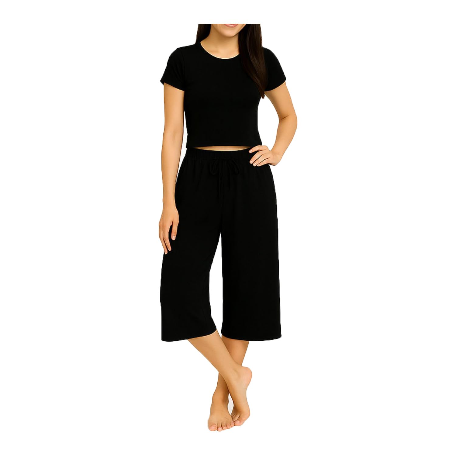 Womens Casual Regular Fit Cotton Plain Loosefit Capri, 3/4th Capri, Trousers For Women Single Pack Black-picture-49