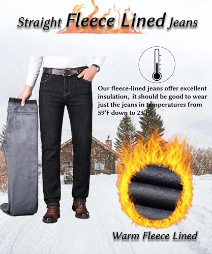 Fleece Lined Jeans for Men Stretch Winter Thermal Pants Business Casual Straight3