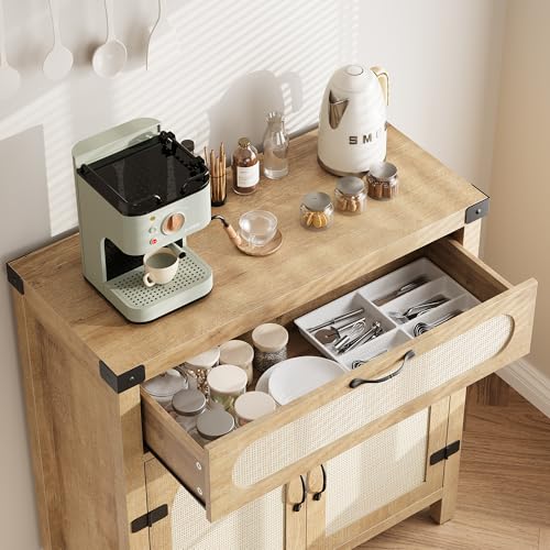 GarveeHome Rattan Sideboard Buffet Cabinets with Storage, Farmhouse Kitchen Accent Storage Cabinet with Drawer, Boho Wooden Coffee Bar Cabinet for Dining Room, Living Room, Hallway, Natural