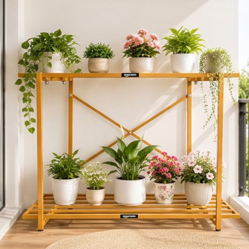 Image of Amazon Basics Heavy Duty 2-Tier Plant Stand | Rust-Resistant Powder Coated Finish | Multipurpose Shelves | Reinforced X-Frame Stability | Indoor & Outdoor Use | Balcony, Garden & Living Room | Beige