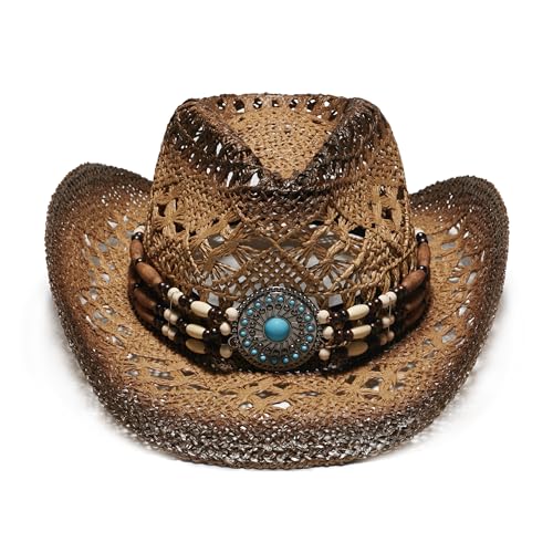 Image of YOUBADU Western Straw Cowboy and Cowgirl Hats with Decorative Bands - Unisex Wide Brim Raffia Style Sun Hat
