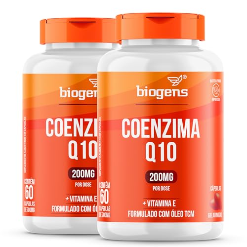 Coenzima Q10 200mg com vitamina E 10mg, alta concentração, Biogens, Kit 2x 60 cápsulas