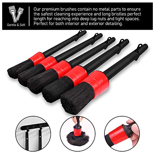 6 PCS Car Wheel Brush Cleaning Set, 16.5 Inch Long Soft Bristle Tire Brush and 5 Different Sizes Detailing Brush Kit For Washing Wheels Rims Exhaust Tips Vehicle Engine Air Vents And Interior