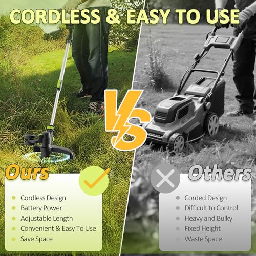 Image of 20V Cordless String Trimmer, 2.0Ah Battery Powered with Fast Charger, 12 Inch Grass Cutter with Auto Line Feed, 3-in-1 Electric Lawn Mower Grass Trimmer & Edger Lawn Tool with 8 Lines for Yard