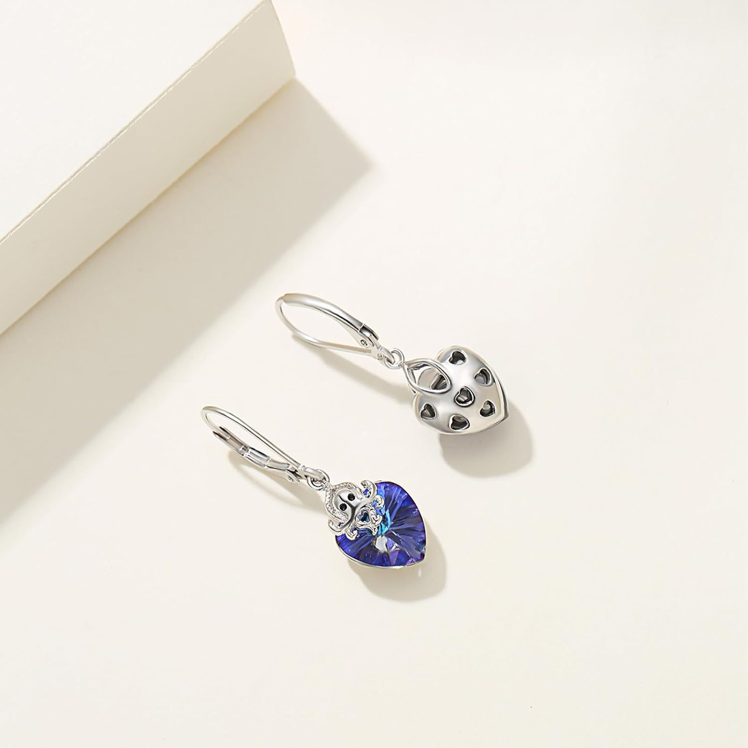 Octopus Earrings 925 Sterling Silver Tiny Tentacle Earrings Dangle Lever Back Love Heart Blue Crystal Octopus Shell Sea Kraken Nautical Ocean Birthday Gifts - Image 4