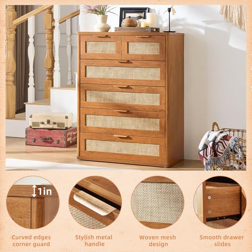 Image of LEYAOYAO Rattan Dresser for Bedroom Set of 2, 41 inch Tall Chest of Drawers, Modern 6 Drawers Boho Dressers with Storage, Vintage Brown Dresser Wooden Closet Organizer for Living Room, Hallway