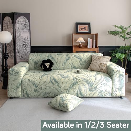 Image of HOKIPO 200gsm Dual Tone Knitting Jacquard Sofa Cover 1 Seater Fully Covered, Creamish Pale Green (AR-6032-CRM)