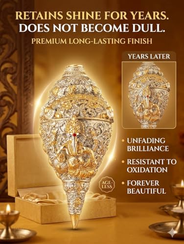 Image of 999 Pure Silver Plated & 24K Gold Plated 5.5 Inch Ganesh Shankh with Premium Gift Box | Ganesh Idol for Home Decor, Mandir & Vastu | Wedding Gift for Couples | Housewarming Gift