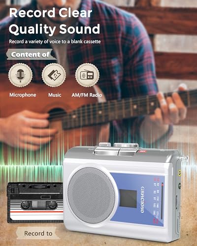 Image of Gracioso Protable Cassette Player: AM FM Compact Cassette Tape Player with 3.5mm Headphone,Big Speaker & Earphone Jack, Build in Microphone,Cassette Recorder Player Powered by DC or AA Battery