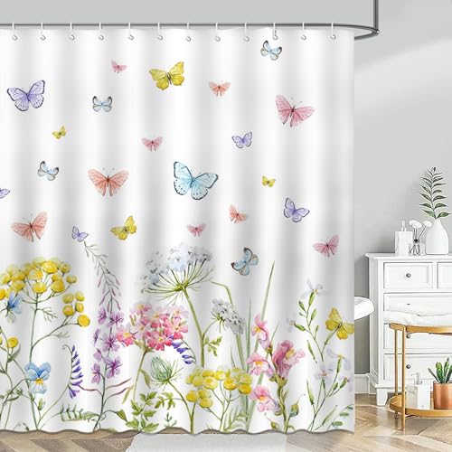 Avezano Wild Flower Shower Curtain Spring Butterfly and Flowers Bathroom Shower Curtain Botanical Floral Waterproof Bathtub Curtain Decor with 12 Hooks 72 X 72 Inches