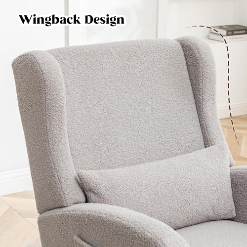 Image of HCHAIRH Rocking Chair Nursery with Foot Rest, Wingback Nursery Rocking Chairs, Grey Teddy Nursing Glider Rocker Chair with Pillow and High Back for Nursery, Living Room, Bedroom