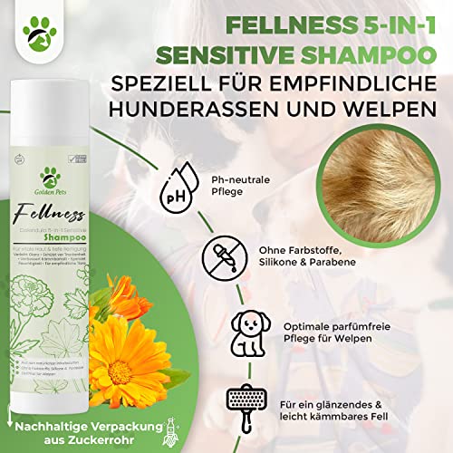 Fellglück Sensitiv Hundeshampoo - Für alle Hunde und Welpen, 100% natürliche Fellpflege gegen Juckreiz, Fellglanz, Fellpflege & bessere Kämmbarkeit, 250 ml + neues E-Book Golden Pets