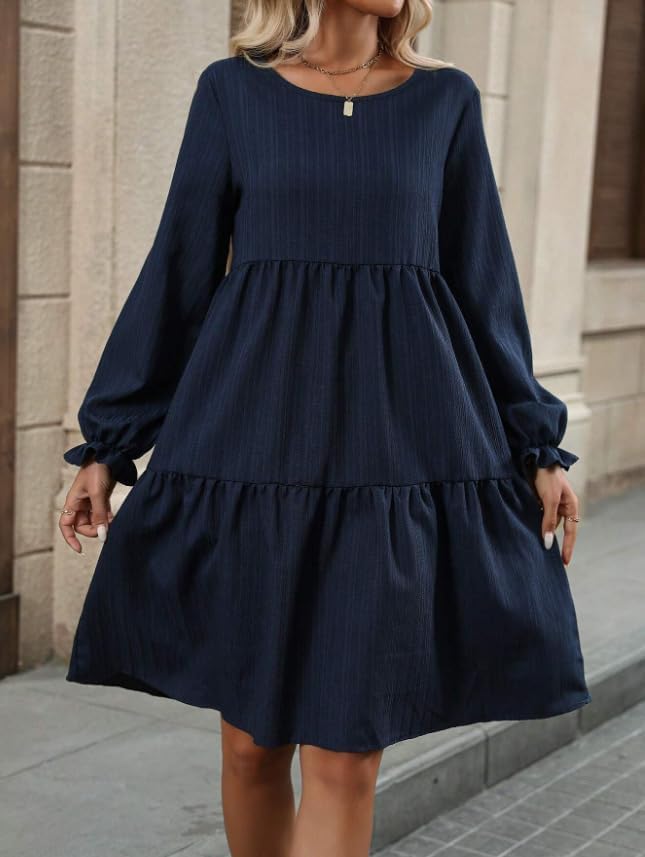 Women's Flowy Tiered Long Sleeve Dress Square Neck Slim Fit Stretch Plus Size Flowy Dresses for Women Tiered Dress - Image 5