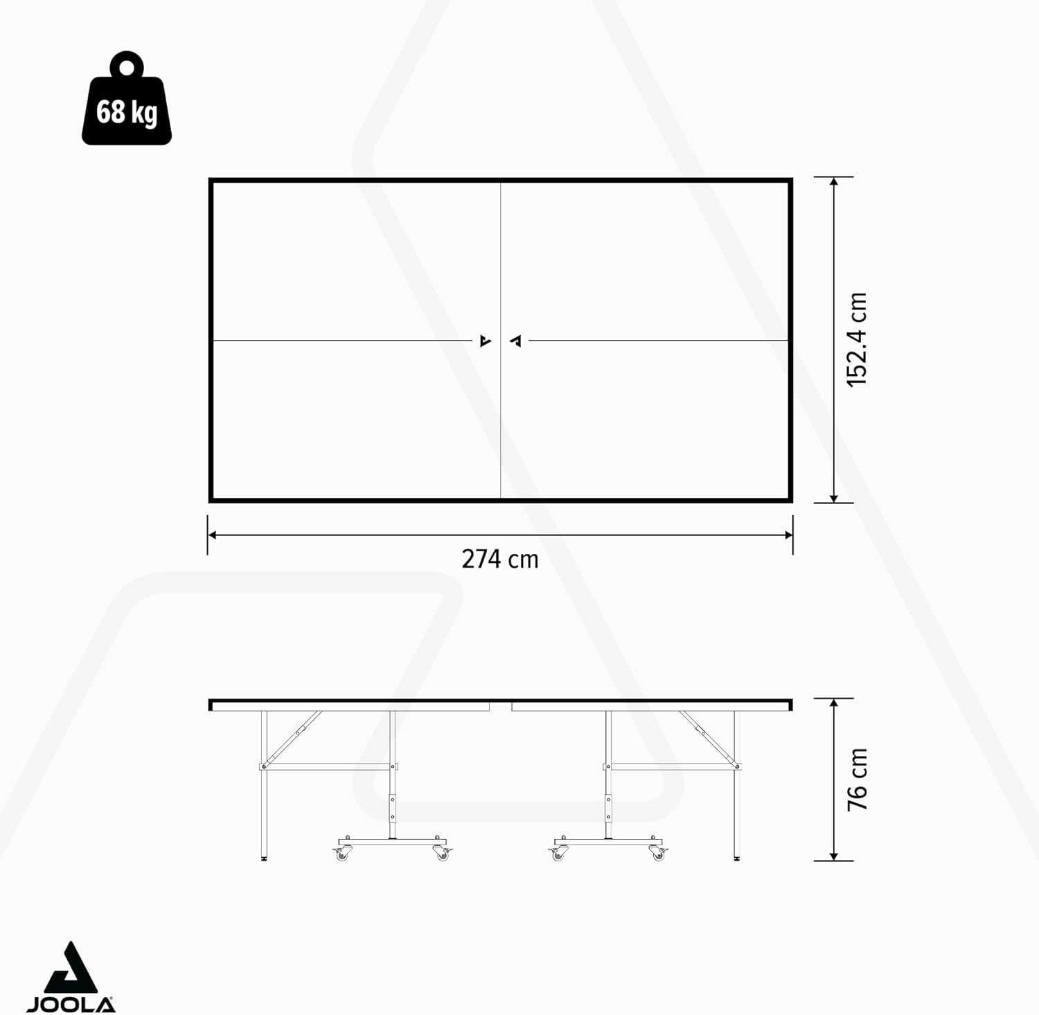 Diagram showing the dimensions of the JOOLA table tennis table: 274 cm length, 152.4 cm width, 76 cm height, and 68 kg weight