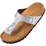Palado Damen Zehentrenner Kos - Modische Pantoletten mit Natur Kork-Fussbett - Frauen Schuhe mit Sohle aus feinstem Veloursleder - angenehme Sandalen Python Matt Silber 38 EU
