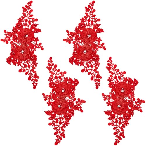 CABODYALS 4 aplique de Flores de Encaje Rojo Vintage Bordado En 3D, Parches Florales para Coser En Escote de Poliéster, Apliques de Cuentas Brillantes para Coser, Accesorios de Ropa, Manualidades, Dec