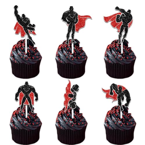18pcs Black Red Glitter Super Male Silhouette Cupcake Topper Picks