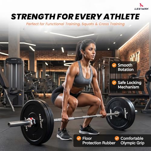 Image of Leeway Olympic Barbell with Bumper Weight Plates | 30 Kg Rubber Weight Plate Set and 7.2 Ft Chrome Gym Bar | Olympic Weightlifting Gym Plates for Home and Commercial (30kg Set (5X2+10X2))