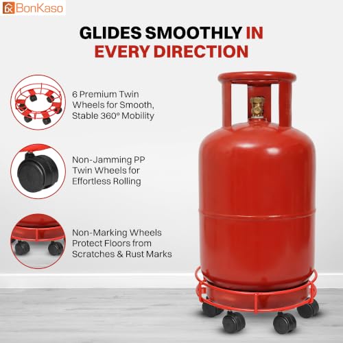Image of Bonkaso 6-Wheel LPG Cylinder Trolley for Kitchen Gas Cylinder, Heavy-Duty Alloy Steel Stand with 360 Swivel PP Casters, 50 kg Load Capacity, Powder-Coated Red Finish for Home & Commercial Use