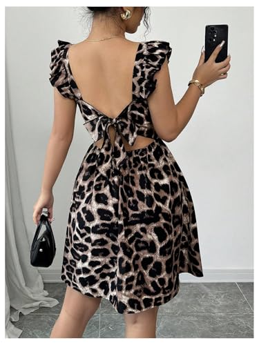 Milumia Women's Leopard Print Square Neck Dress Bow tie Ruffle Trim A Line Mini Dress4