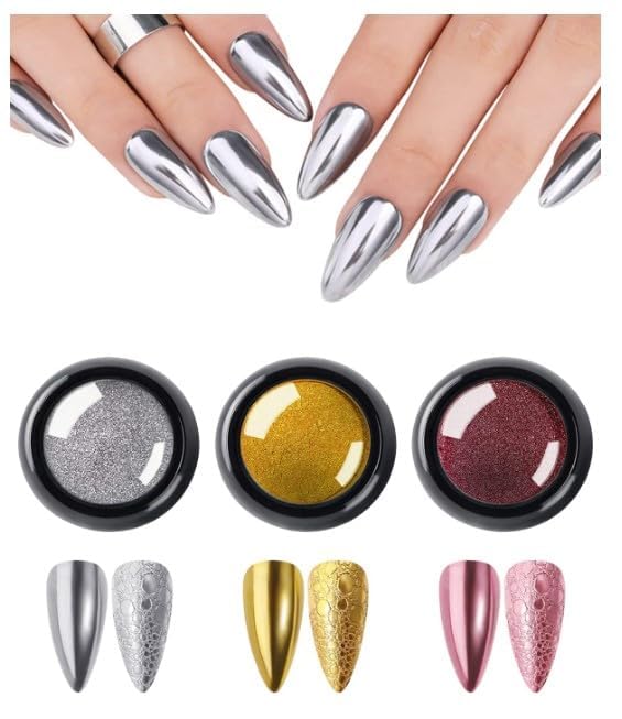 K2 Creation 3 Colors Chrome Nail Powders for Giving Chrome Hollographic Effect to Nails Set of 3 Gold, Silver and Rose Gold with 3 Pcs Sponge Applicator-image-9