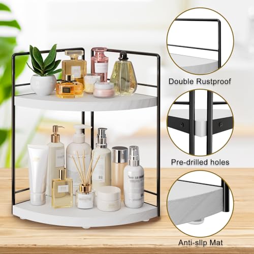 Image of 2-Tier Bathroom Corner Organizer Shelf, Wood & Metal Countertop Storage Rack, 2-Pack