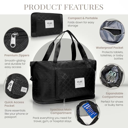 Velare Quilted Foldie Travel Bag – Expandable TSA Approved Carry On Luggage 22x14x9, Weekender Bag for Women, Waterproof Foldable Tote, Overnight Travel Shoe Bag, Fits Under Seat & Overhead Bin, Black3