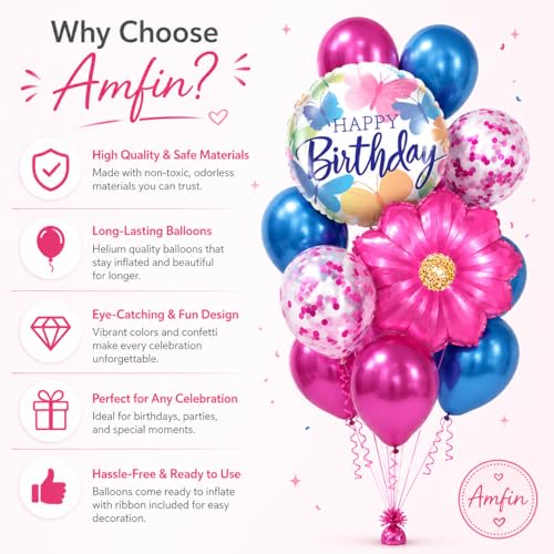Image of AMFIN (Pack of 20) 17 Inch Butterfly Theme Birthday Balloon Bouquet Pink Blue Chrome Metallic Finish Foil Latex Confetti Women Girls Decoration Item Kit Rainbow Flower