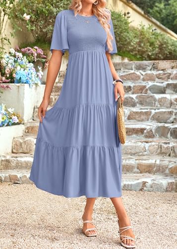 Image of KIRUNDO Summer Dresses for Women 2026 Spring Casual Flutter Short Sleeve Wedding Guest Smocked Flowy Tiered Aline Midi Dress