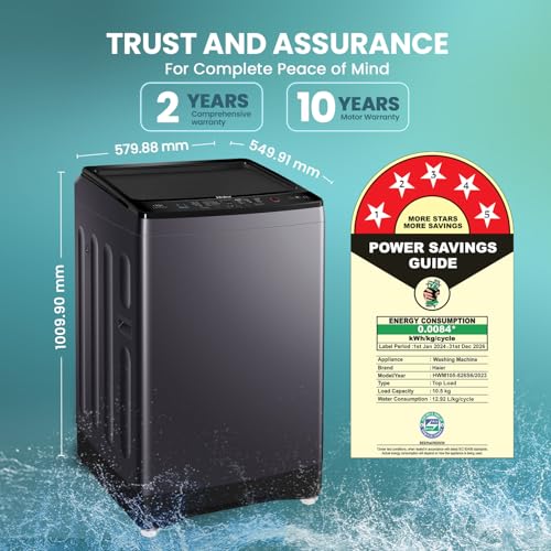 Image of Haier Smart Choice SmartChoice 10.5 kg 5 Star Inbuilt Butterfly heater, Oceanus Wave Drum Washing Machine Fully Automatic Top Load (HWM105-H688BK,Black)