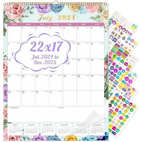 Gannyfer Large Calendar 2024-2025 - 18 months Wall Calendar July 2024 to Dec 2025, 17" x 22" Large Monthly Calendar, Academic Calendar for Planning and Organizing In Your Family, School or Office - Modern Floral(6 Stickers Included) Cover