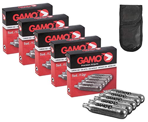 Tiendas LGP – Gamo, 25 bombonas CO2 12 gr. Gamo para Pistolas y carabinas + Funda portabombonas
