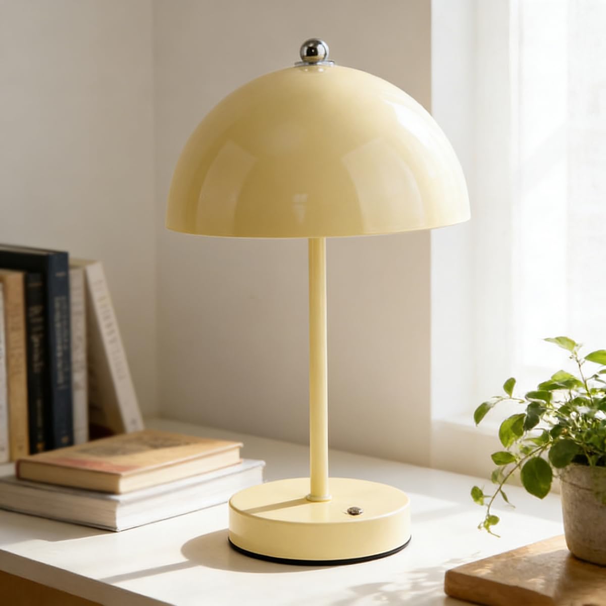 Wireless Table Lamp with Mushroom-Shaped Touch Control, Rechargeable, 3 Colour Temperatures, Dimmable LED Bedside Lamp with 1800mAh Battery, Colourful Macaron-Style Decorative Table Light,Beige