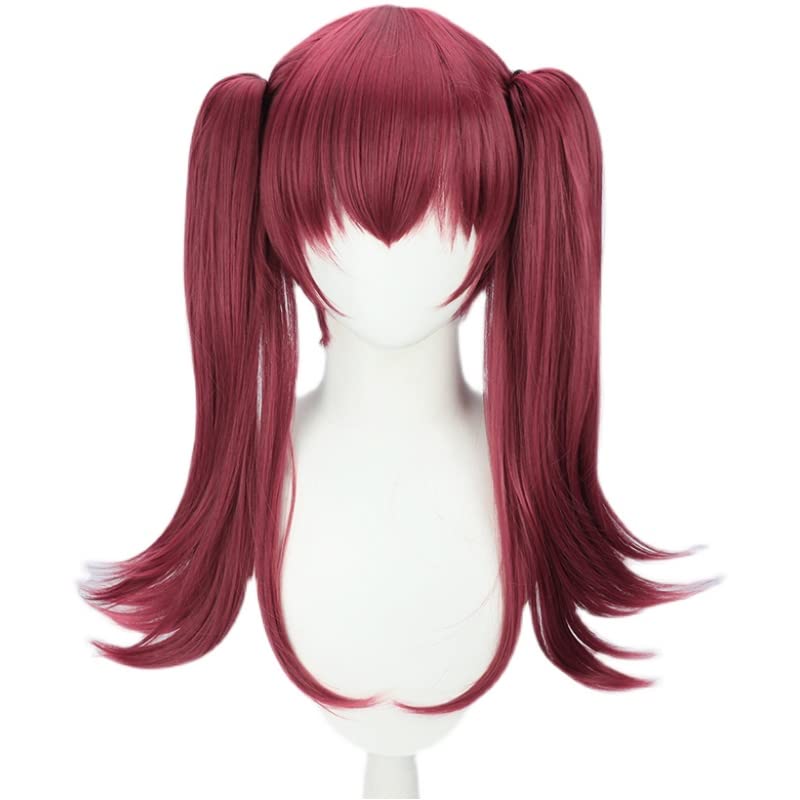 Cosplay Wig Dark Red Long Straight Anime Wig Ponytais Heat Resistant Synthetic Hair with Bangs for Halloween Headwear +Wig Cap