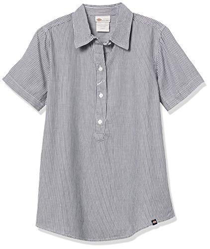 Dickies Women s Short Sleeve Woven Popover Shirt with 3 Buttons, Navy White Vertical Stripe, S