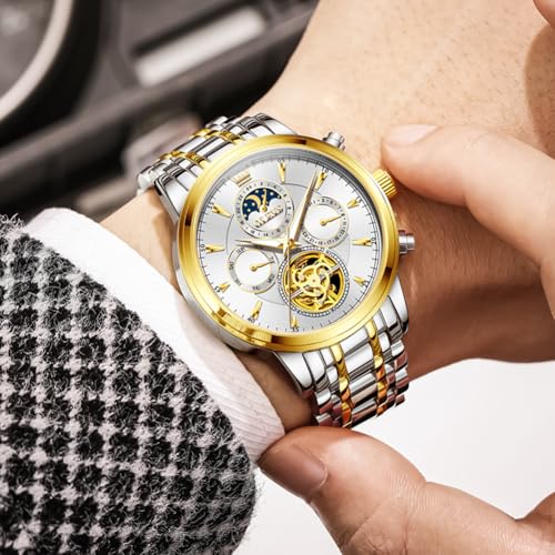 Image of OLEVS Men Automatic Skeleton Watch - Luxury Stainless Steel Calendar Moon Phase Mechanical Dress Wrist Watch with Luminous, Waterproof Self-Wind (Gold /Silver /Blue /Black)