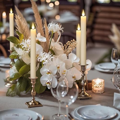 Image of GenSwin Rechargeable Flameless Taper Candles with Charging Base, 6 Pack LED Candles Battery Operated with Remote Timer, Real Wax Flameless Candlesticks for Halloween Christmas Decorations(Ivory)