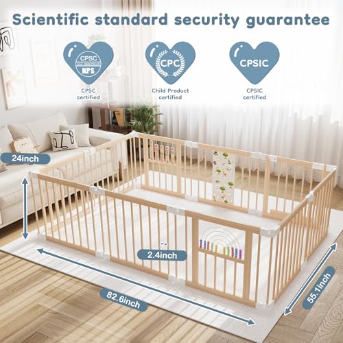 Foldable Wooden Baby Playpen Activity Center,Adjustable Size & Shape Portable Play Yard, Baby Fence Play Area with Gate for Indoor Use for Babies and Toddlers(82x55x24inches)
