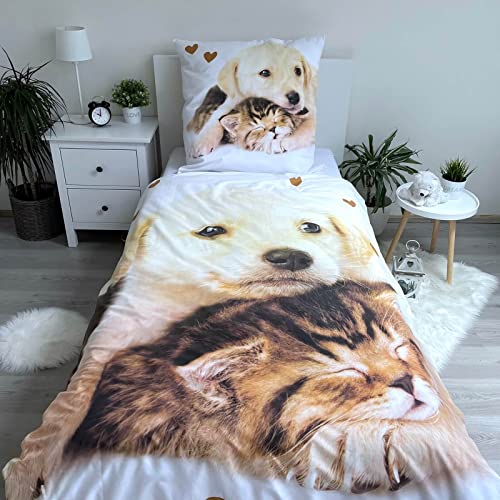 Jerry Fabrics Golden Retriever Wende-Bettwäsche-Set Bettbezug 135x200 Kissenbezug 80x80 Reißverschluss 100% Baumwolle Hund Katze Welpen