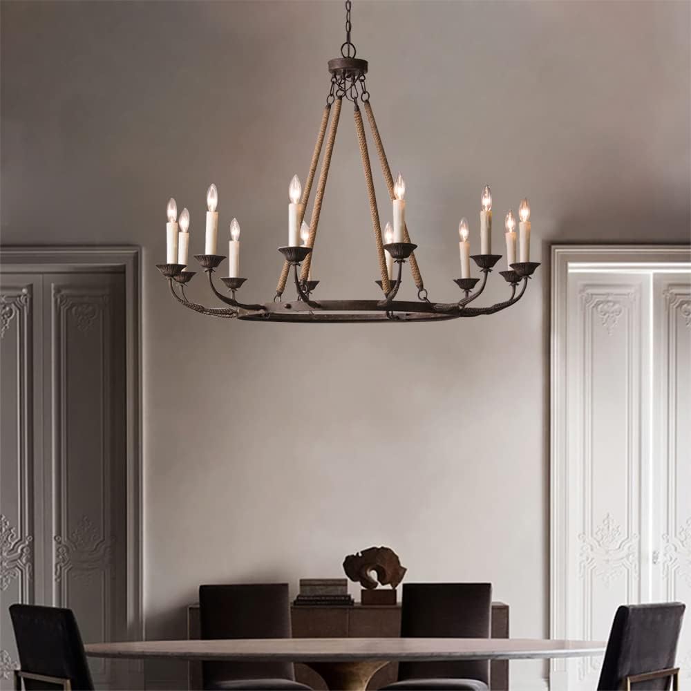 Best Deal Cheap 🛒 Lovedima Vintage Flaxen Hemp Rope andMetal 12-Light Rustic Round Candelabra Chandelier in Rust