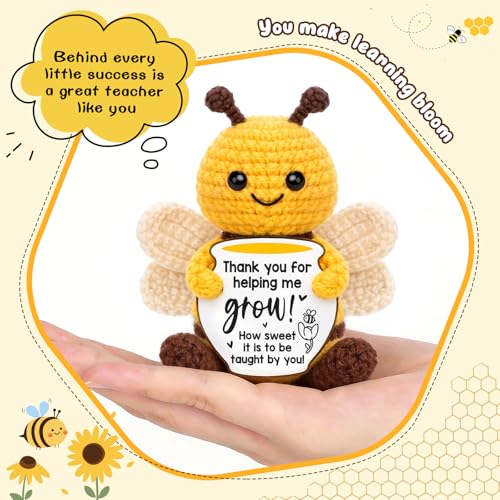 Image of Mini Teacher Appreciation Gifts for Women Men Back to School Teacher Gifts | Thank You Gifts for Teacher Coworker Positive Handmade Crochet Bee Birthday Retirement Office Gift Fall Desk Decor
