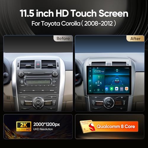Rádio estéreo automotivo Qualcomm 8core de 11,5 polegadas para Toyota Corolla 2008 2009 2010 2011 20