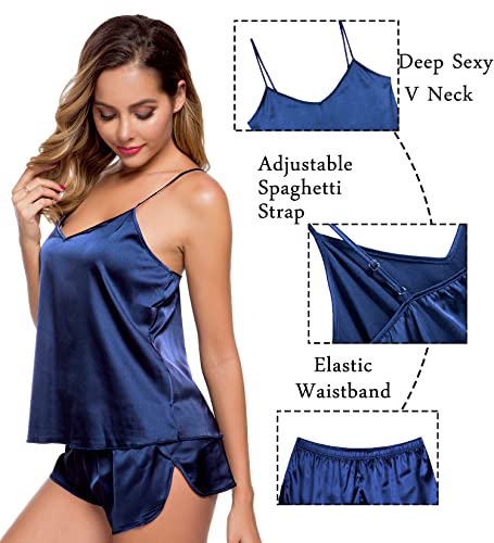 Image of SWOMOG Womens Silk Satin Pajamas Sets 4pcs Sleepwear Sexy Cami Shorts Set and Button Down Short Sleeve Pjs Loungewear