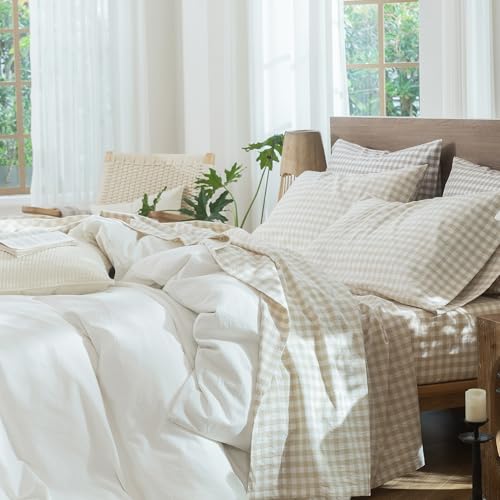 Image of MooMee Gingham Sheet Set 100% Washed Cotton Linen Like Textured Breathable Soft w / Fully Elasticized 16-19 inch Deep Pocket (Classic Gingham Almond Milk Grey, Queen)